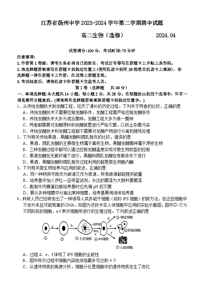 江苏省扬州市广陵区2023-2024学年高二下学期4月期中考试生物试题01