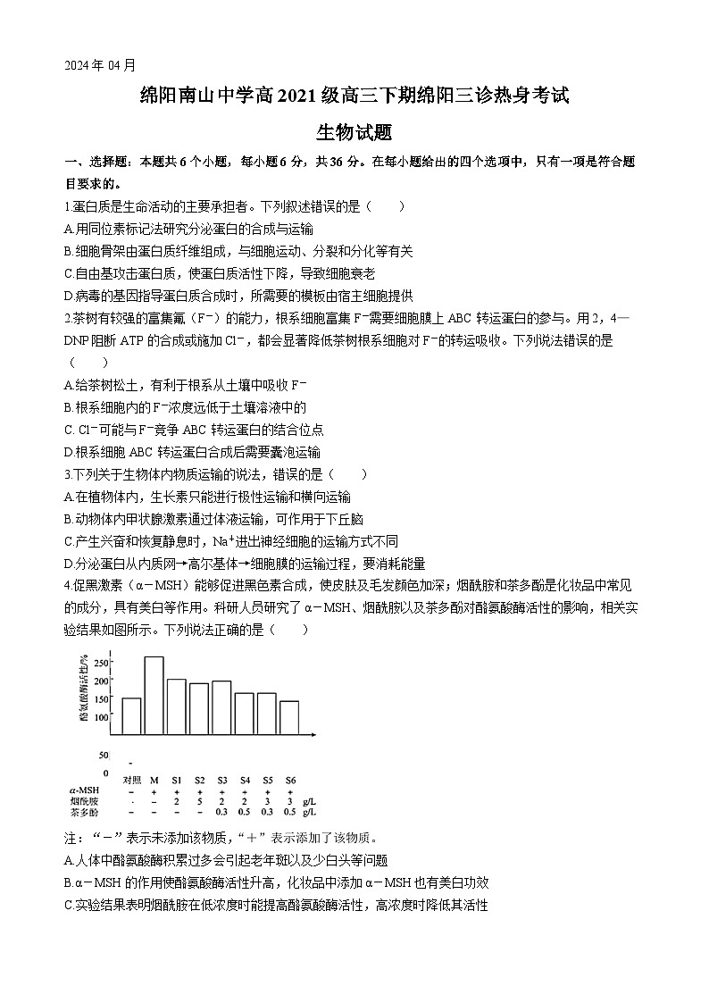 2024届四川省绵阳市涪城区南山中学高三三模考试生物试题第1页