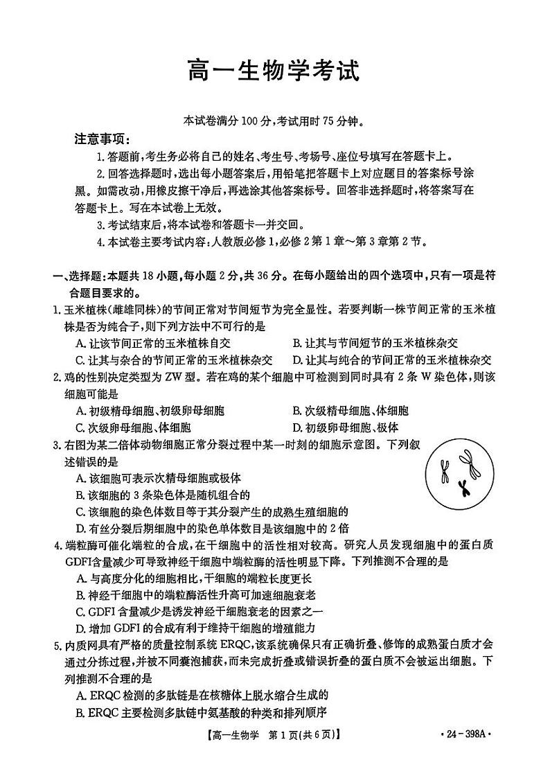 湖北省2023-2024学年高一下学期4月期中生物试题第1页