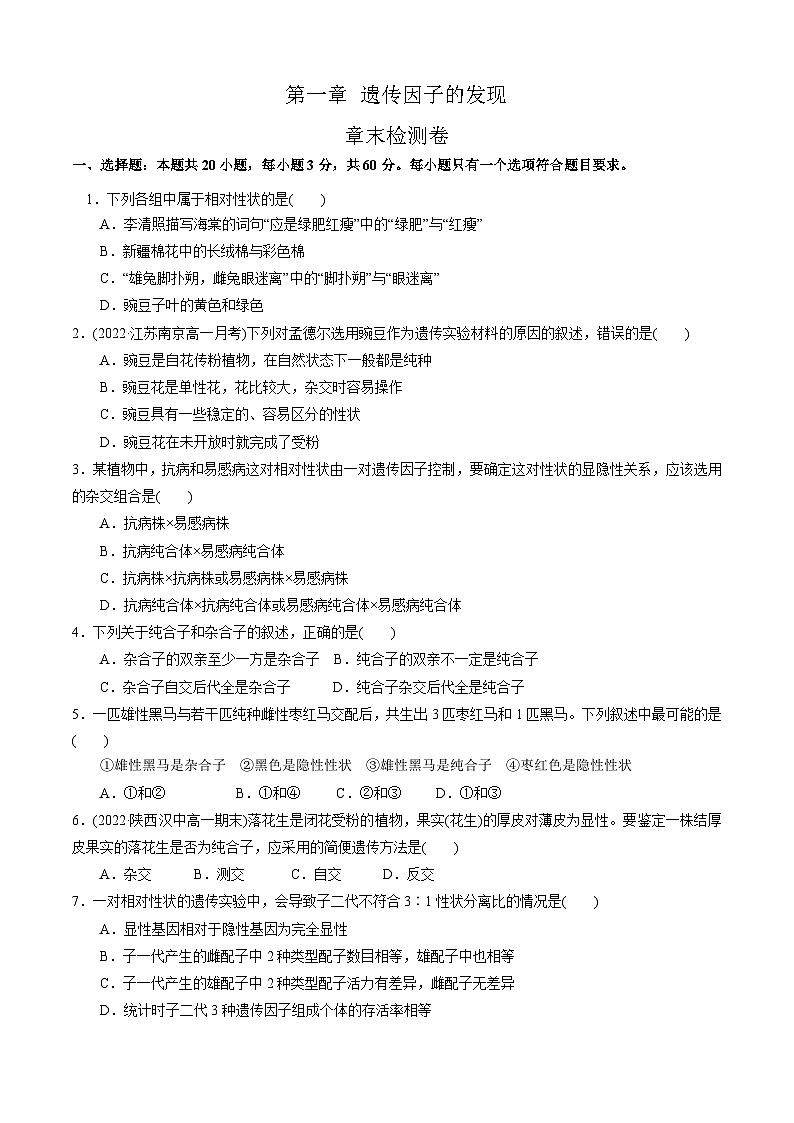 【期中复习】人教版2019必修2023-2024学年高一下册生物 第1章 遗传因子的发现（考点专练）.zip01