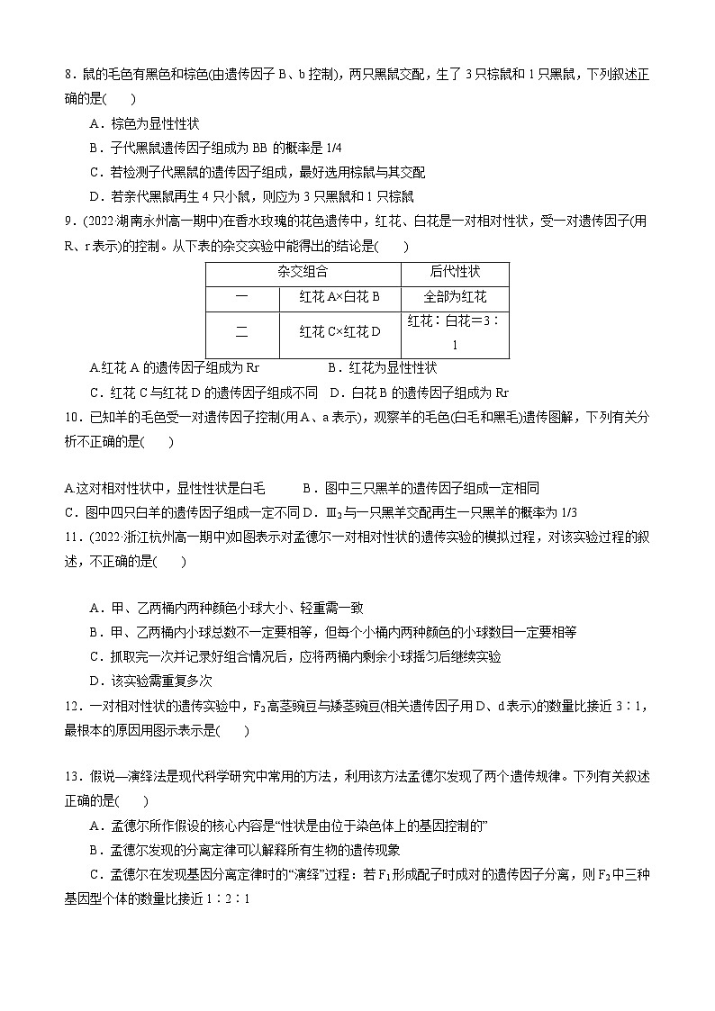 【期中复习】人教版2019必修2023-2024学年高一下册生物 第1章 遗传因子的发现（考点专练）.zip02