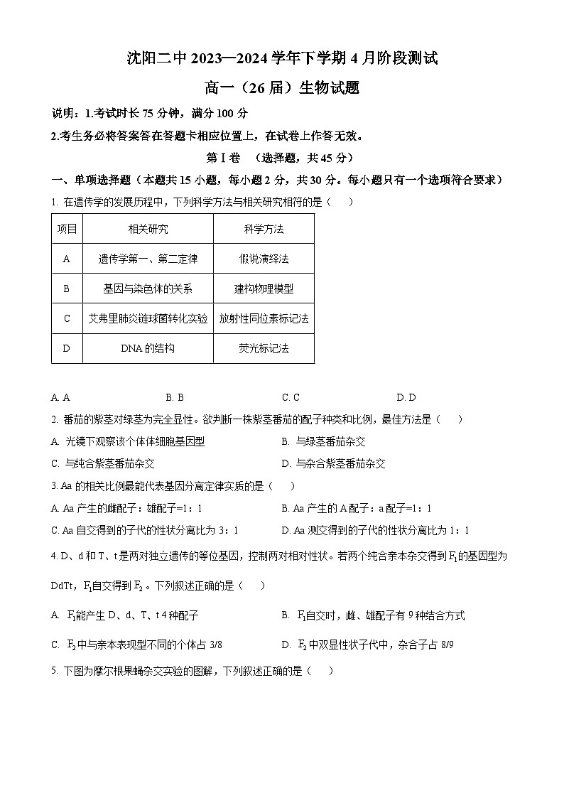 辽宁省沈阳市第二中学2023-2024学年高一下学期第一次月考生物试卷（Word版附解析）01