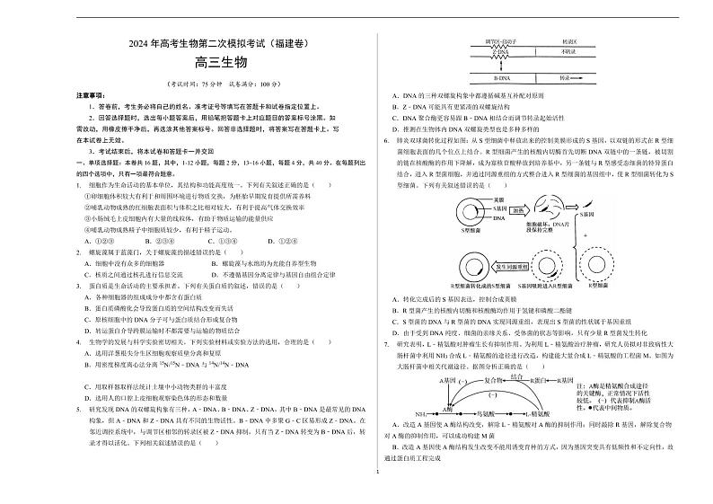 2024年高考第二次模拟考试：生物（福建卷）（考试版A3）第1页