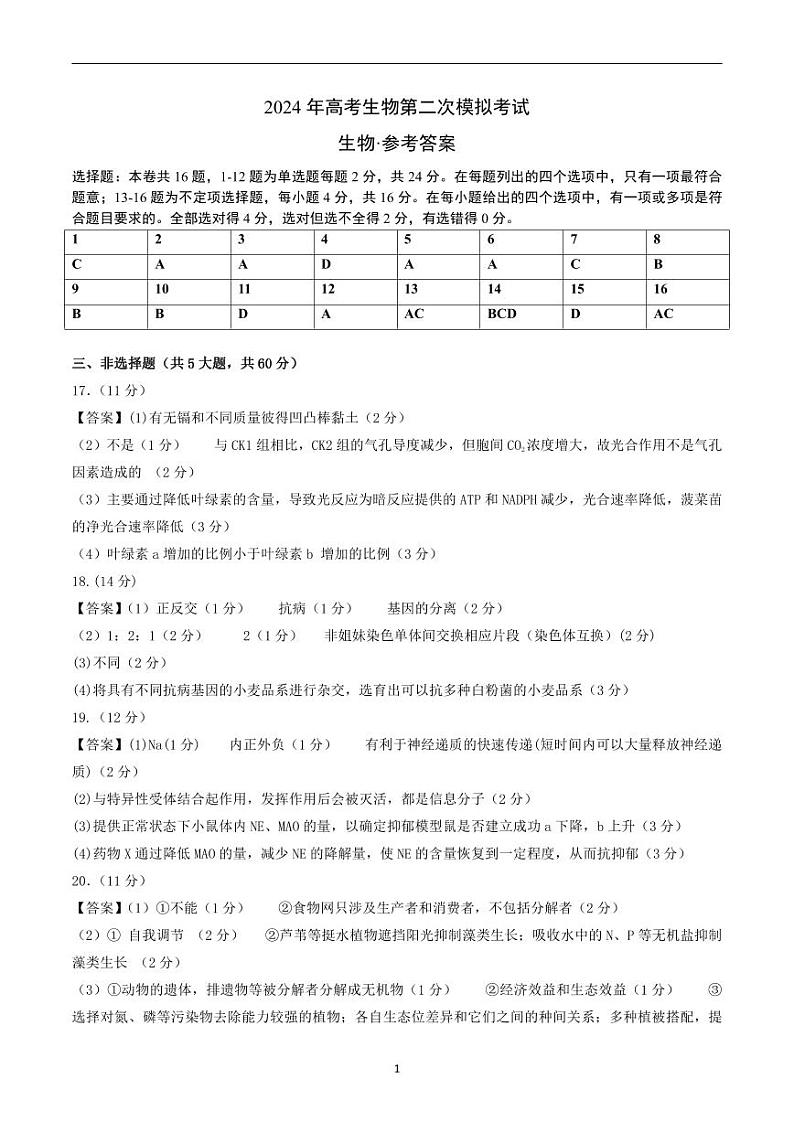 2024年高考第二次模拟考试：生物（湖南卷）（参考答案）第1页