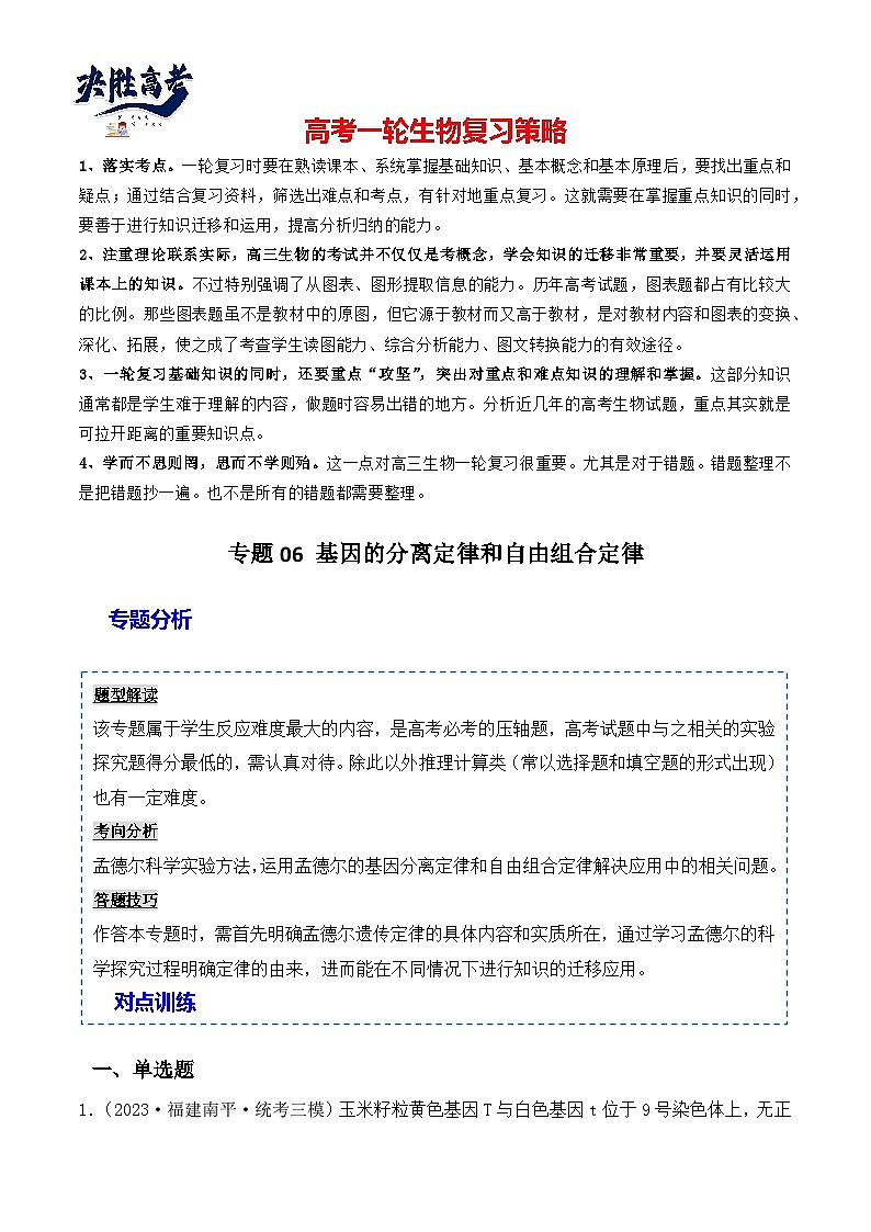 专题06 基因的分离定律和自由组合定律（解析版）第1页