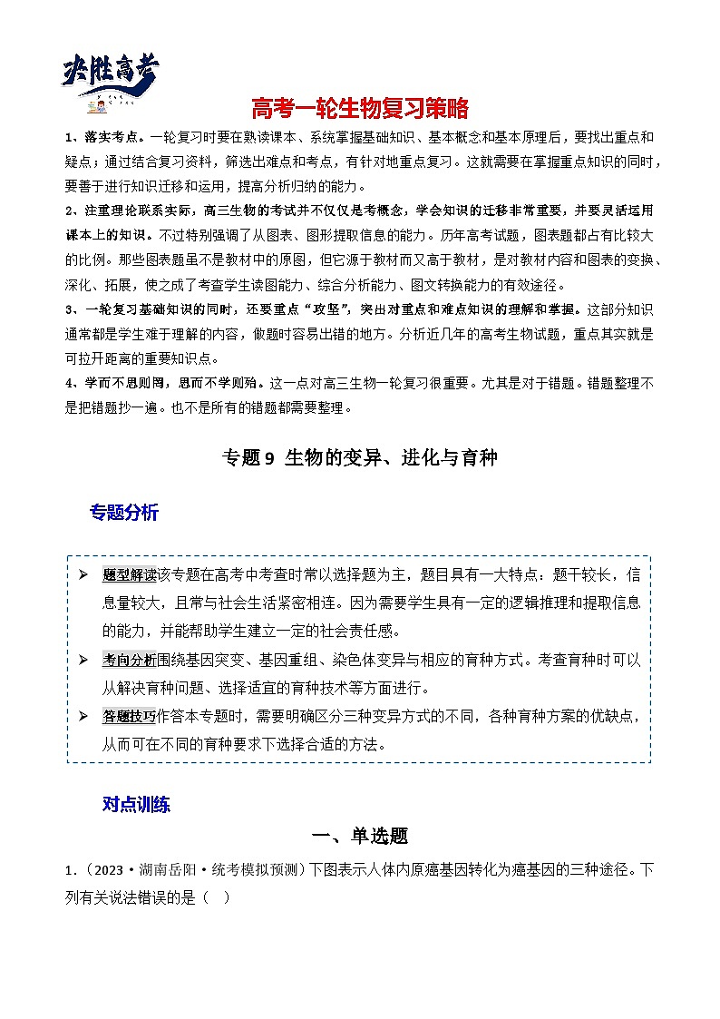 专题09 生物的变异、进化与育种-备战2024年高考生物一轮复习重难点突破讲解与训练（新教材）01