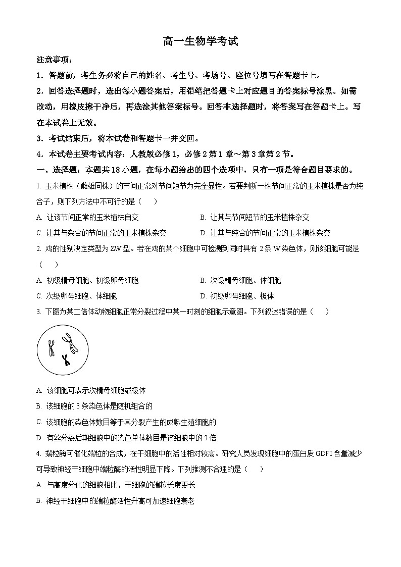 湖北省2023-2024学年高一下学期4月期中生物试题（原卷版）第1页