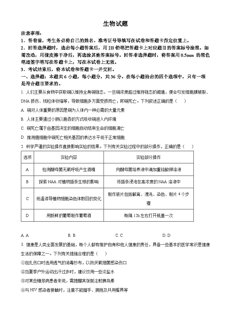 2024届山西省平遥中学高三二模考试生物试题（原卷版+解析版）01