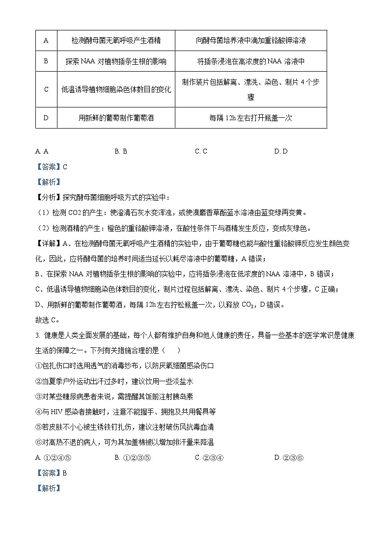 2024届山西省平遥中学高三二模考试生物试题（原卷版+解析版）02