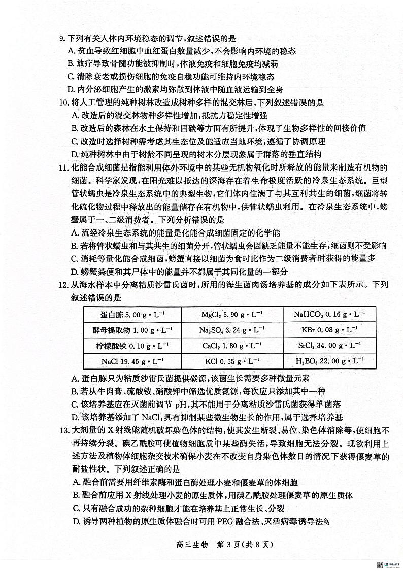 2024沧州高三下学期二模试题生物PDF版含解析03