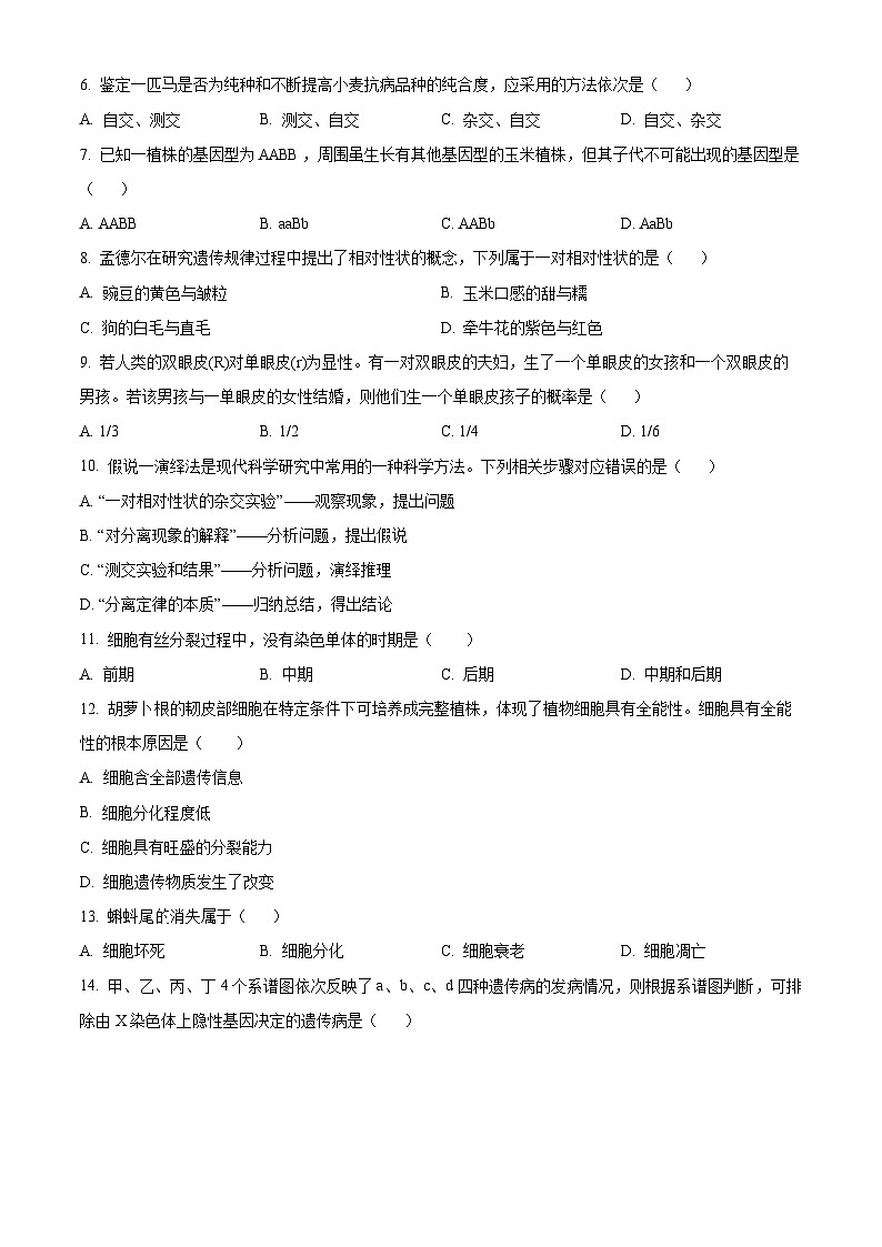 广东省肇庆市鼎湖区鼎湖中学2023-2024学年下学期高一4月生物考试试题（原卷版）第2页
