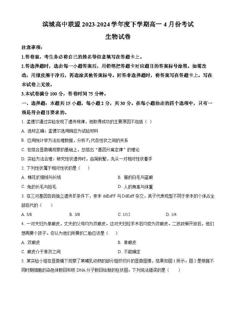2024大连滨城高中联盟高一下学期4月月考试题生物含解析第1页