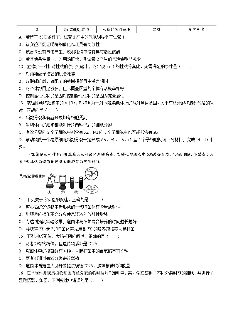 2024丽水五校高中发展共同体高一下学期4月联考生物试题含答案03