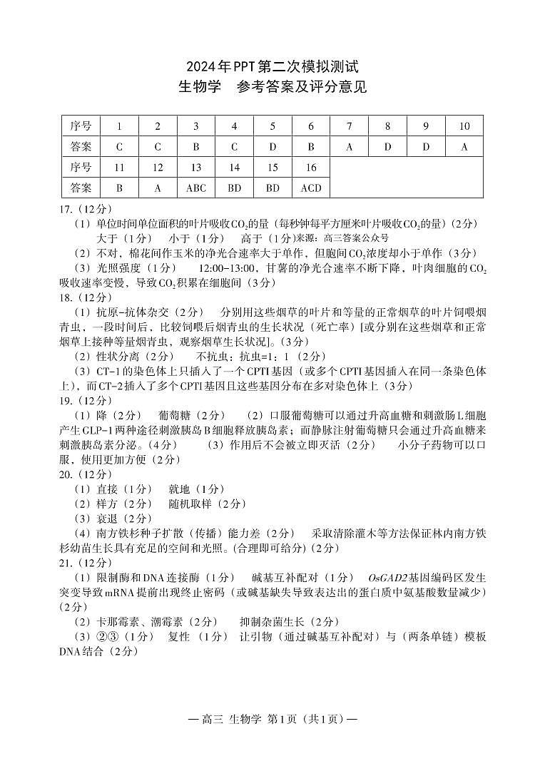 2024年南昌市高三下学期4月二模生物试题及答案01