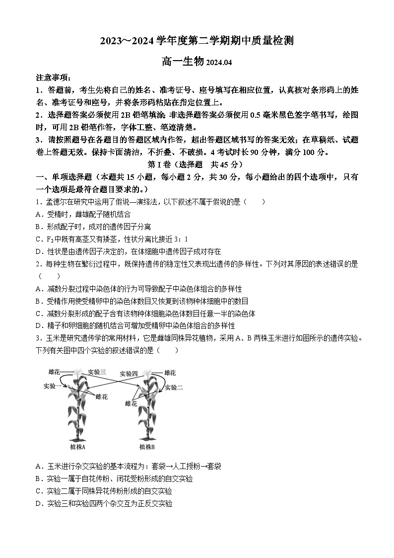 山东省枣庄市滕州市2023-2024学年高一下学期期中考试生物试卷第1页