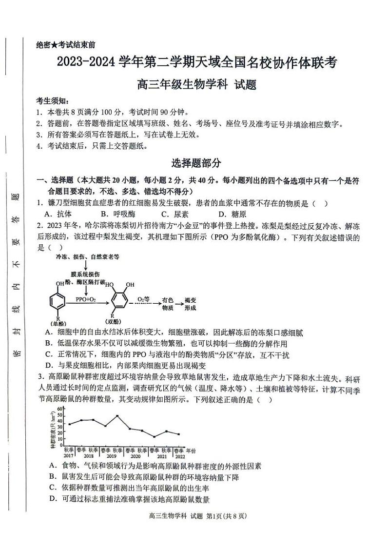 2024届天域全国名校协作体高三下学期4月联考生物试题01