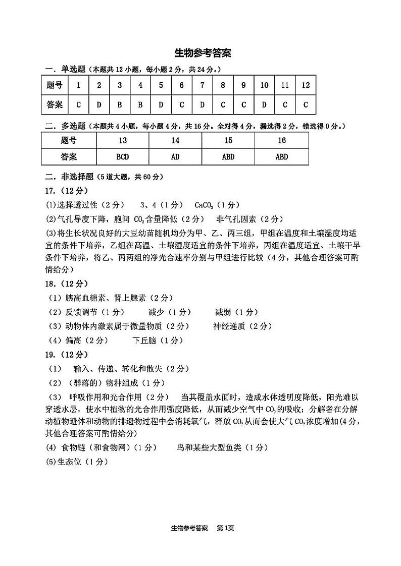 江西省五市九校协作体2024届高三第二次联考 生物答案第1页