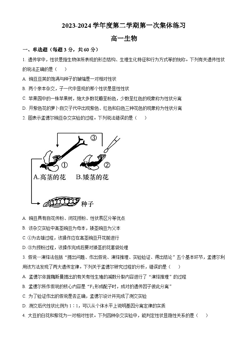 安徽省合肥市庐巢联盟2023-2024学年高一下学期第一次联考生物试卷（Word版附解析）01