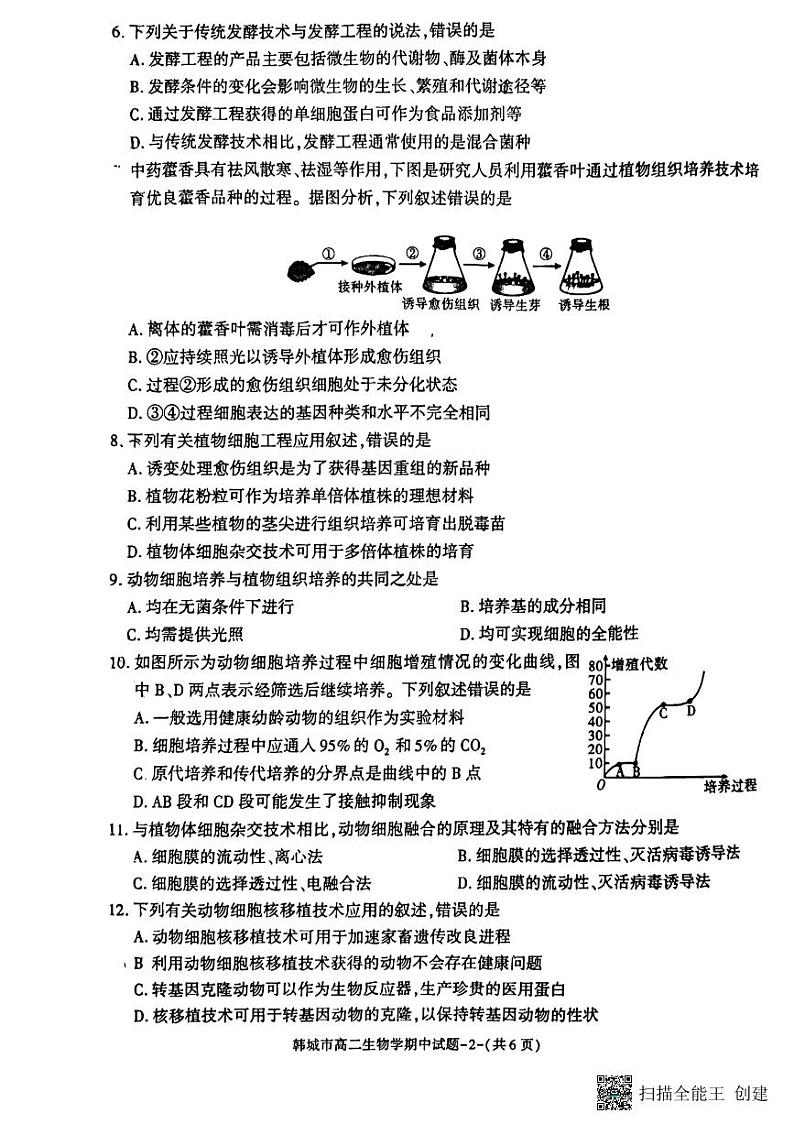 陕西省韩城市2023-2024学年高二下学期期中考试生物试题（解析版）02