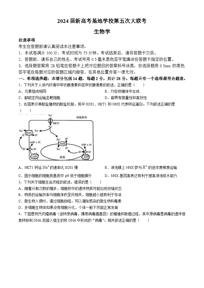 2024江苏省新高考基地学校高三下学期第五次大联考试题生物含答案第1页