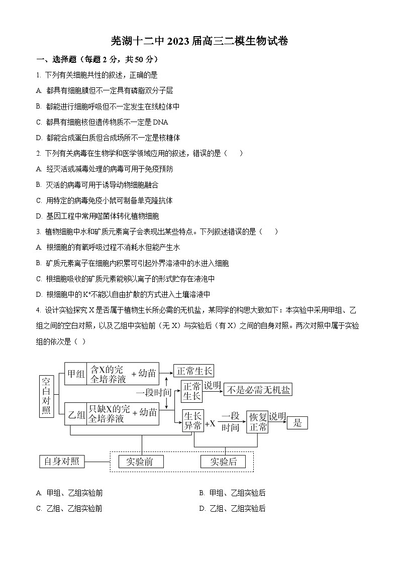 安徽省芜湖市第十二中学2023届高三下学期二模生物试卷无答案第1页
