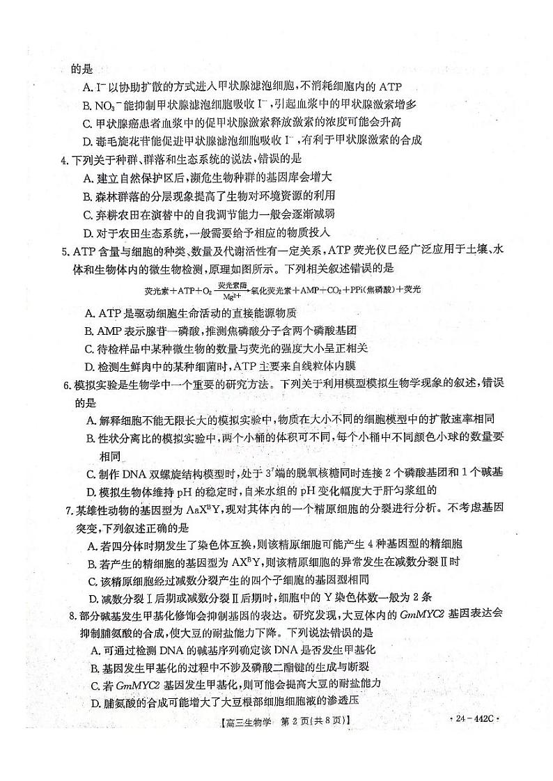 2024邢台高三下学期一模试题生物PDF版含答案02