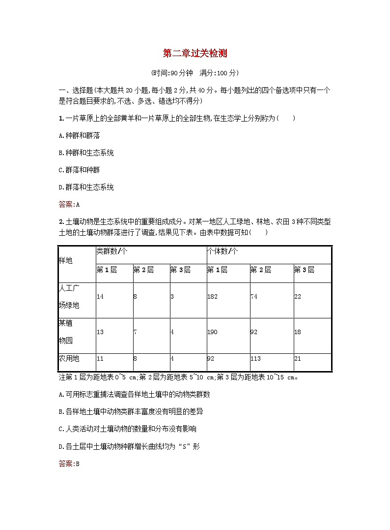 新教材高考生物复习第2章群落过关检测浙科版选择性必修2含答案第1页