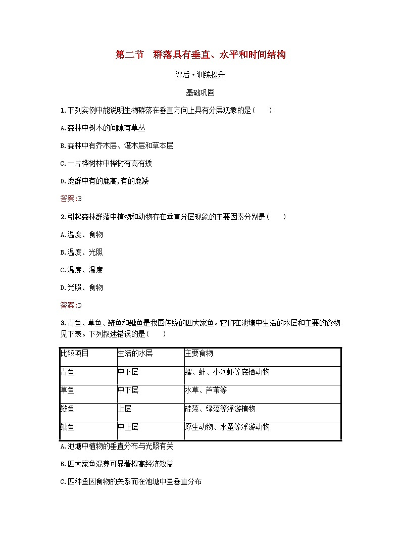 新教材高考生物复习第2章群落第2节群落具有垂直水平和时间结构课后训练浙科版选择性必修2训练含答案第1页