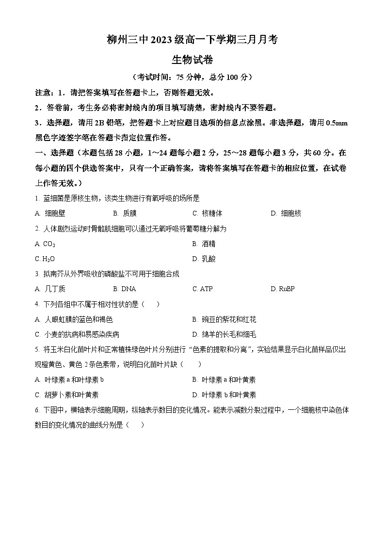 广西柳州市第三中学2023-2024学年高一下学期3月月考生物试题（原卷版+解析版）01