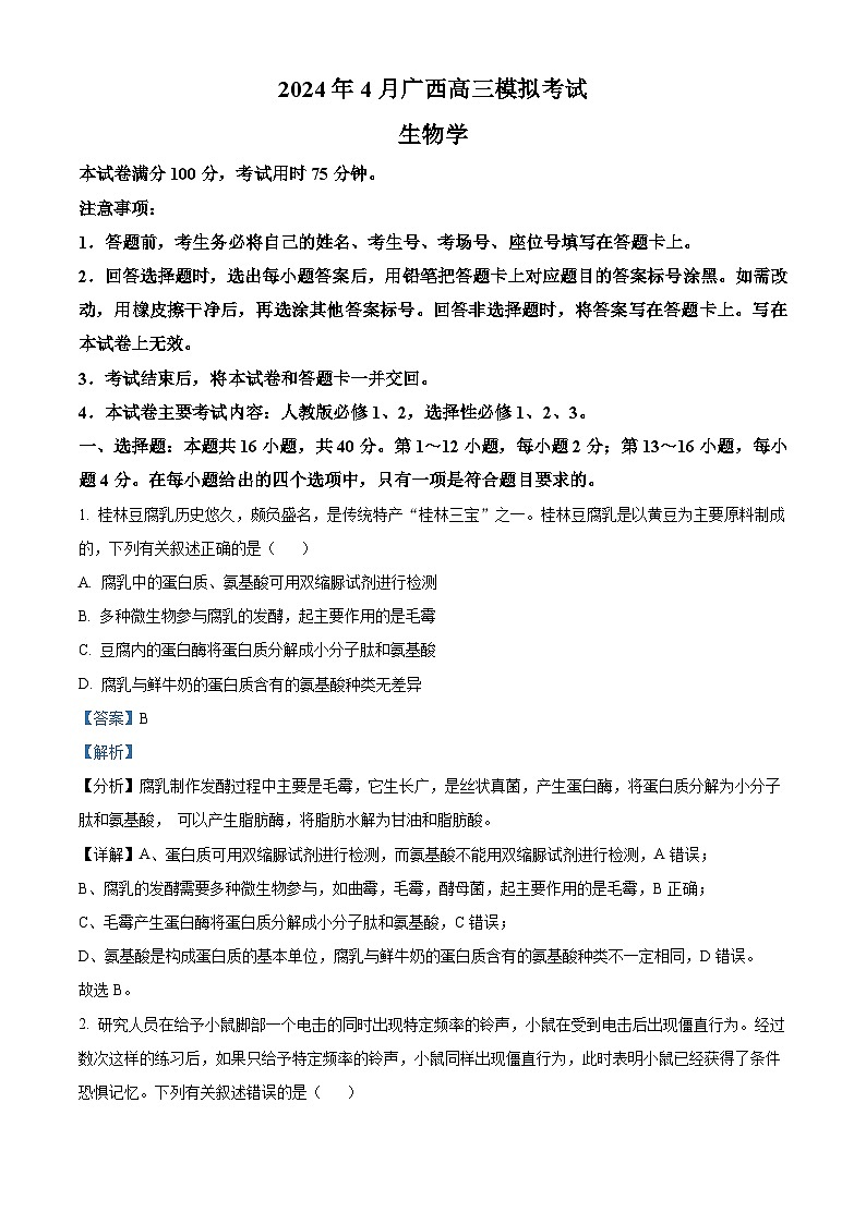 2024年广西高三三模考试生物试题（原卷版+解析版）01
