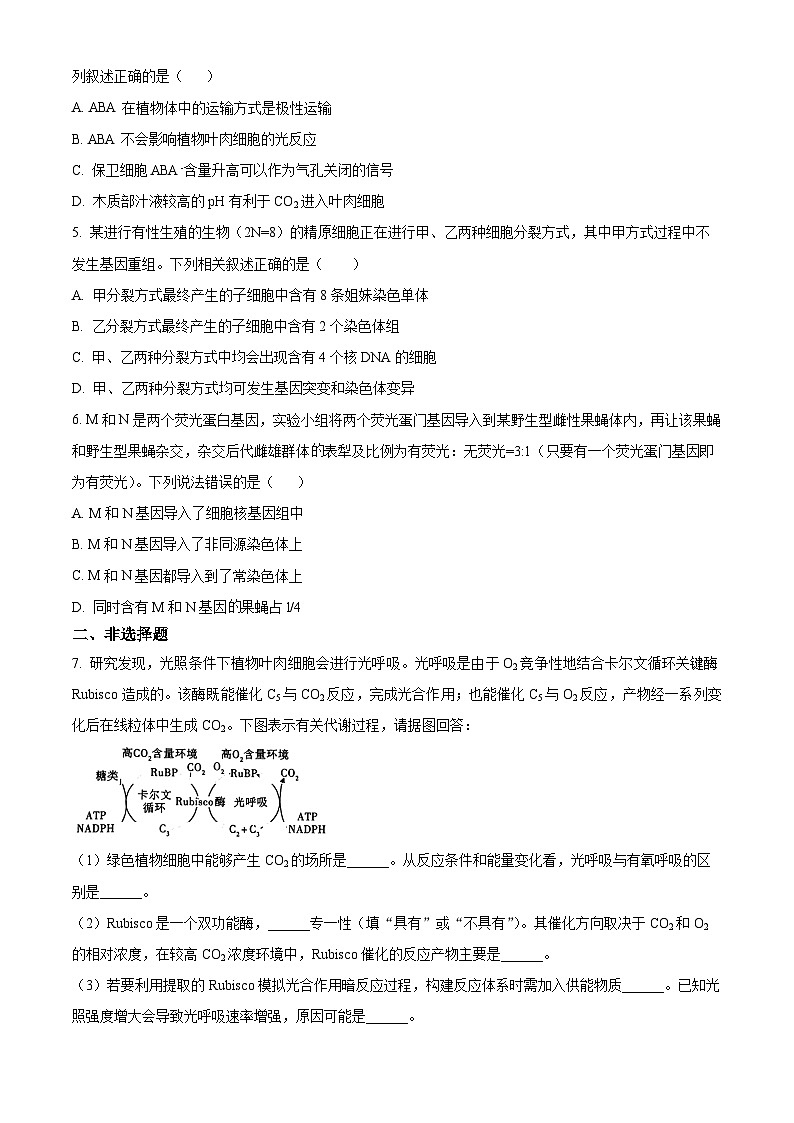 内蒙古自治区呼和浩特市新城区第二中学2023-2024年高三二模考试生物试题（原卷版）第2页