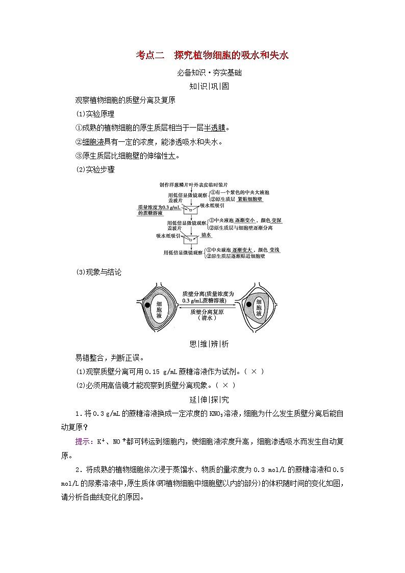 2025版高考生物一轮总复习教案必修1第二单元细胞的基本结构与物质输入和输出第三讲细胞的物质输入和输出考点二探究植物细胞的吸水和失水第1页