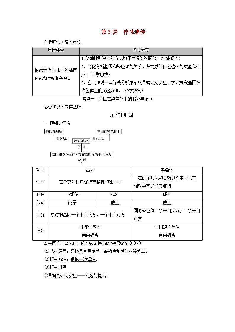 2025版高考生物一轮总复习教案必修2第五单元孟德尔定律和伴性遗传第三讲伴性遗传考点一基因在染色体上的假说与证据01