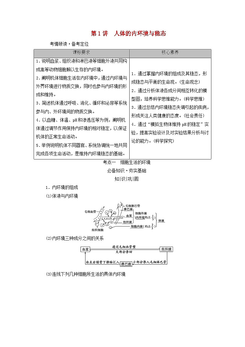 2025版高考生物一轮总复习教案选择性必修1第八单元稳态与调节第一讲人体的内环境与稳态考点一细胞生活的环境01