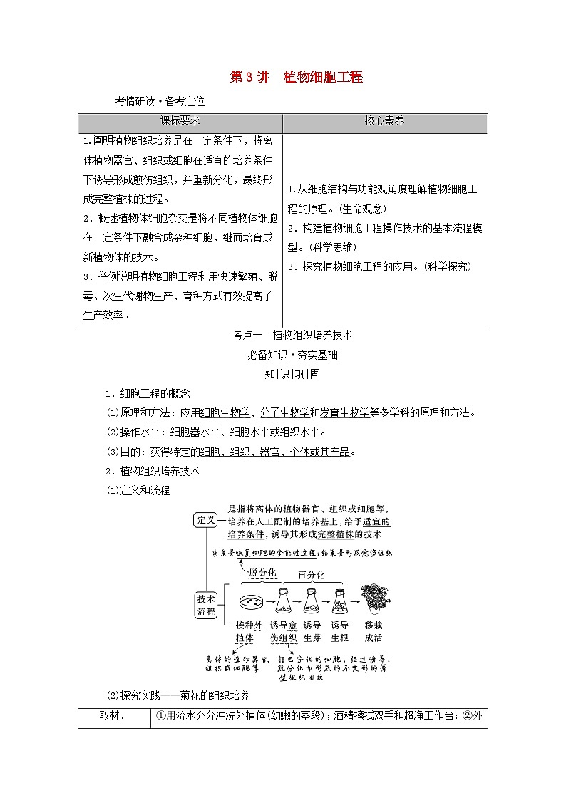 2025版高考生物一轮总复习教案选择性必修3第十单元生物技术与工程第三讲植物细胞工程考点一植物组织培养技术01