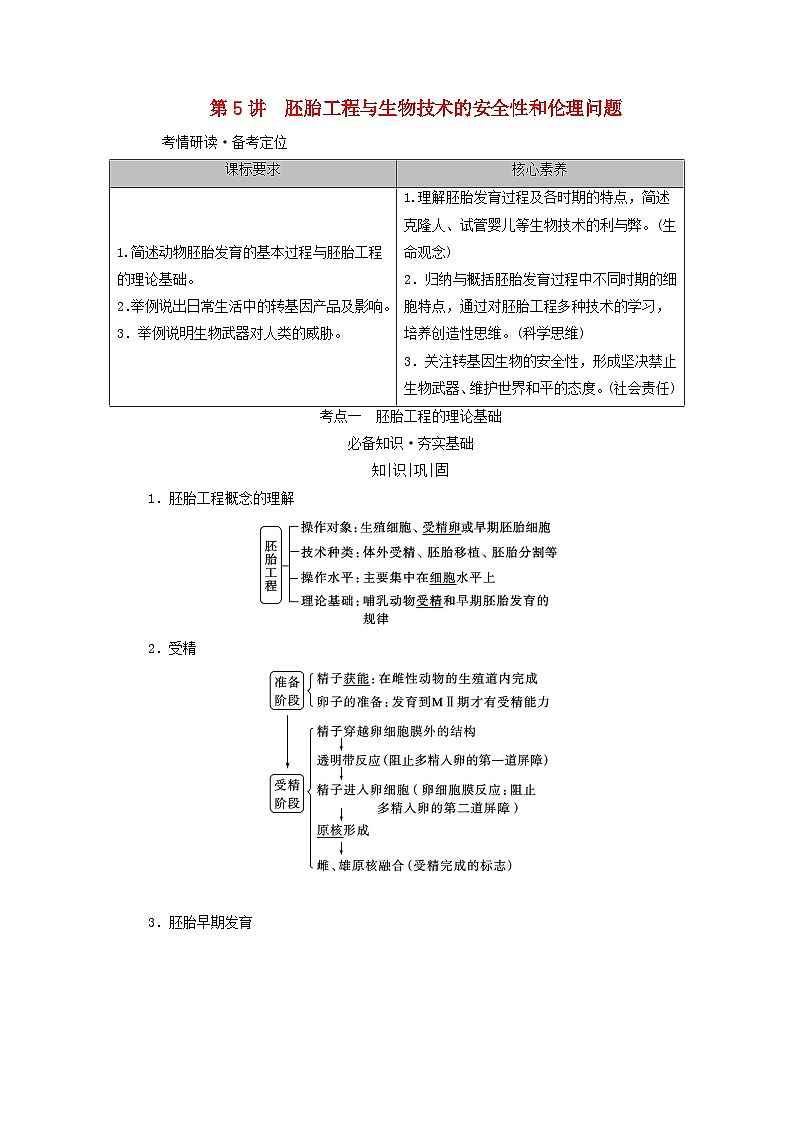 2025版高考生物一轮总复习教案选择性必修3第十单元生物技术与工程第五讲胚胎工程与生物技术的安全性和伦理问题考点一胚胎工程的理论基础01