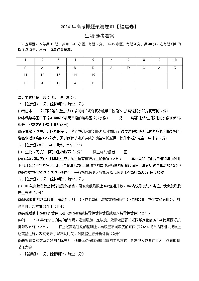 生物（福建卷01）（参考答案）第1页