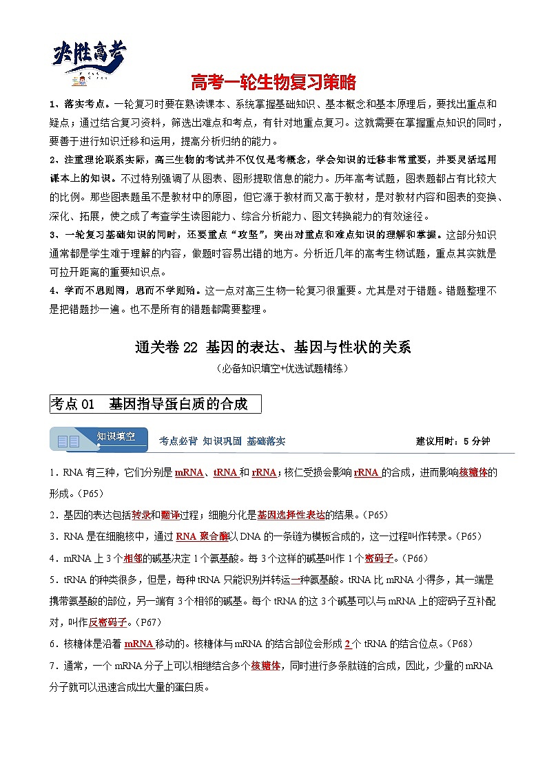 考点通关卷22+基因的表达、基因与性状的关系-2024年高考生物一轮复习考点通关卷01