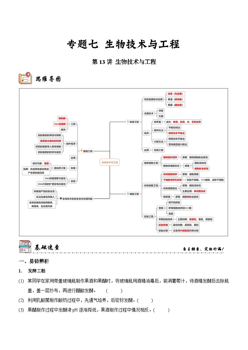 第13讲 生物技术与工程（讲练）（原卷版）第1页