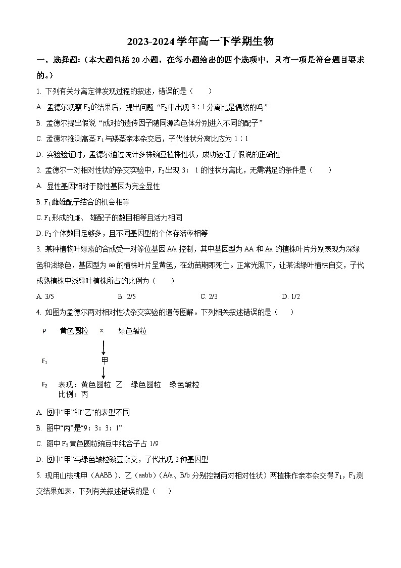河南省安阳市林州市一中2023-2024学年高一下学期4月月考生物试题（原卷版）第1页