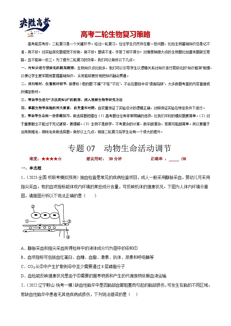 专题卷07 动物生命活动调节-【小题小卷】冲刺2023年高考生物小题限时集训（新高考专用）（原卷版）第1页