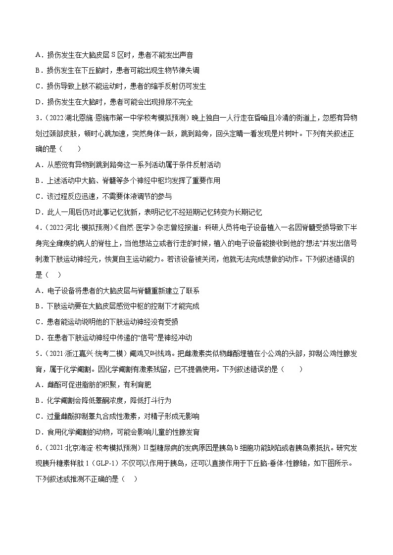 专题卷07 动物生命活动调节-【小题小卷】冲刺2023年高考生物小题限时集训（新高考专用）（原卷版）第2页