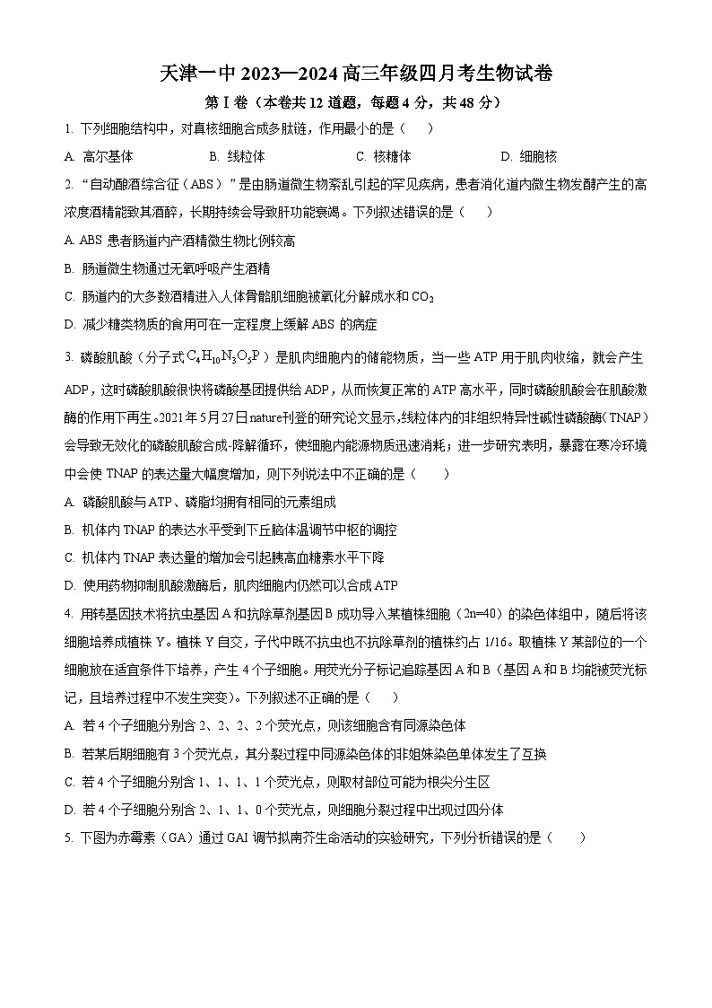 天津市和平区第一中学2023-2024学年高三下学期第四次月考生物试题（原卷版）第1页