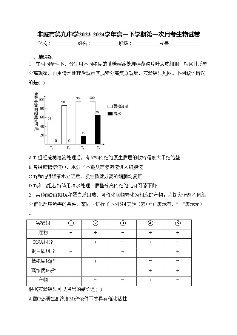 丰城市第九中学2023-2024学年高一下学期第一次月考生物试卷(含答案)第1页