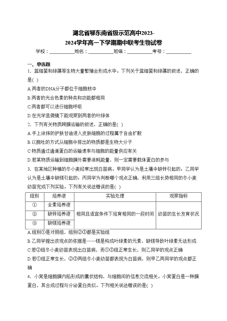 湖北省鄂东南省级示范高中2023-2024学年高一下学期期中联考生物试卷(含答案)01