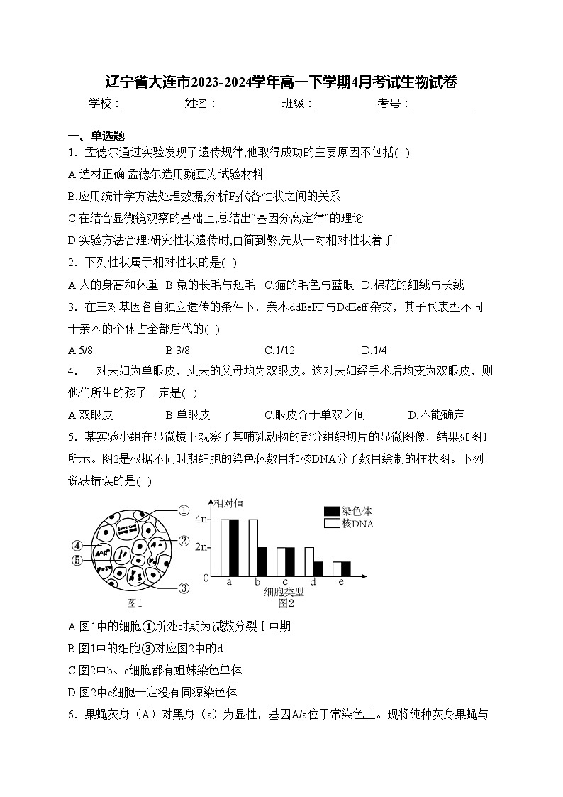 辽宁省大连市2023-2024学年高一下学期4月考试生物试卷(含答案)第1页