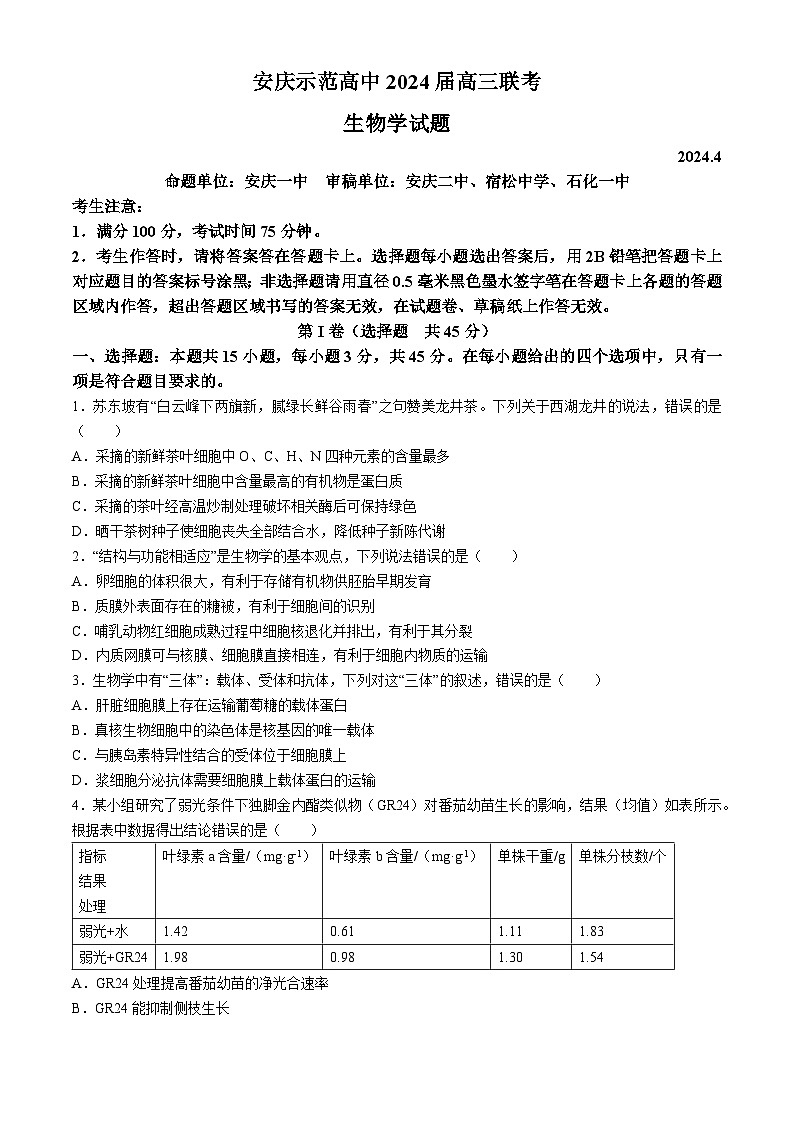 2024安庆示范高中高三下学期4月联考试题（三模）生物含答案第1页