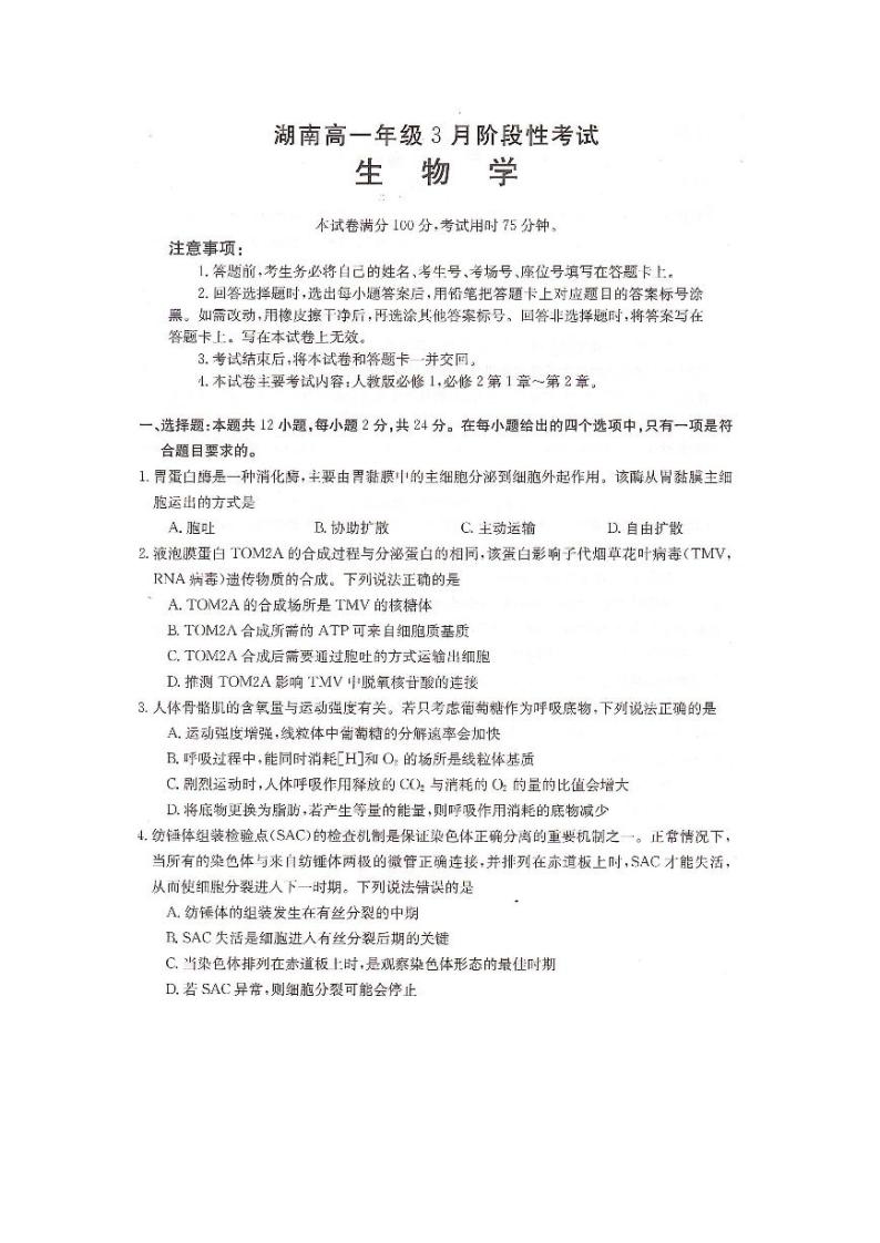 生物-湖南省2023-2024学年高一下学期三月联考生物试题01