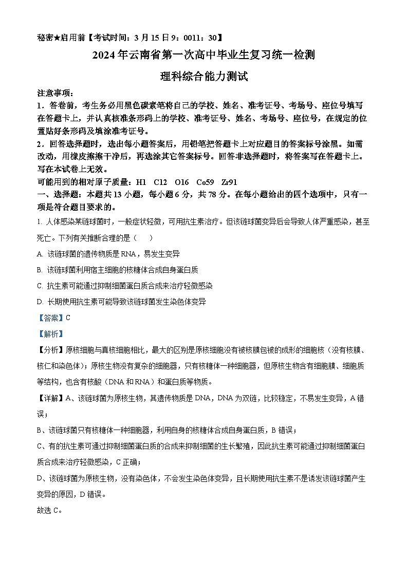 云南省2024届高三下学期一模生物试题 Word版含解析第1页