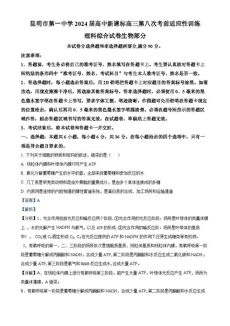 云南省昆明市第一中学2023-2024学年高三第八次高考适应性考试理综生物试题 Word版含解析第1页